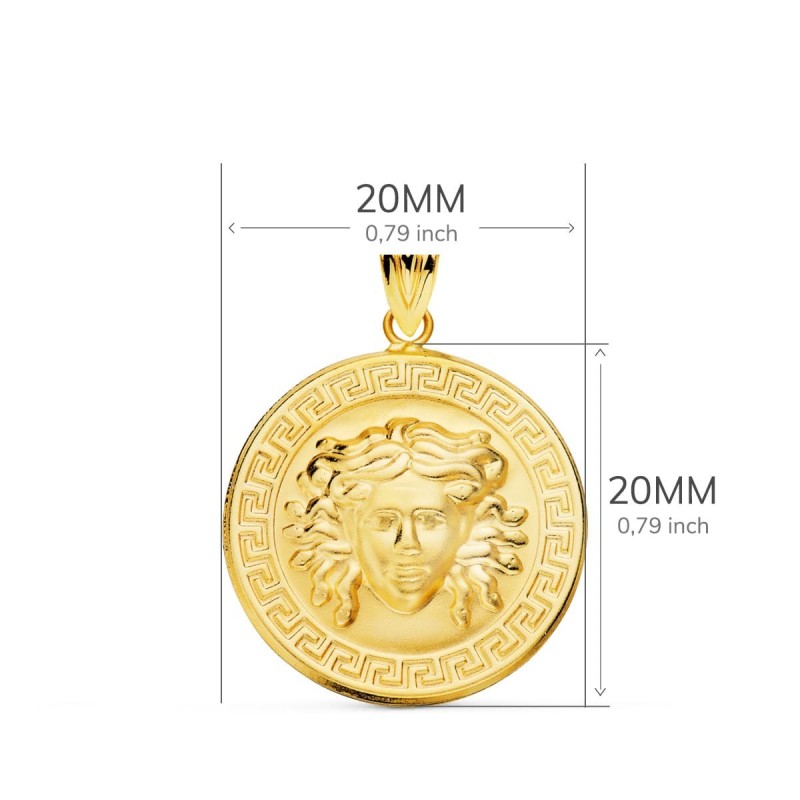 Medalla Oro Amarillo Medusa Con Borde De Greca Matizada 20 Mm oro 18k