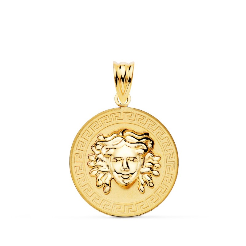 Medalla Oro Amarillo Medusa En Brillo Con Borde De Greca Matizada 20 Mm oro 18k