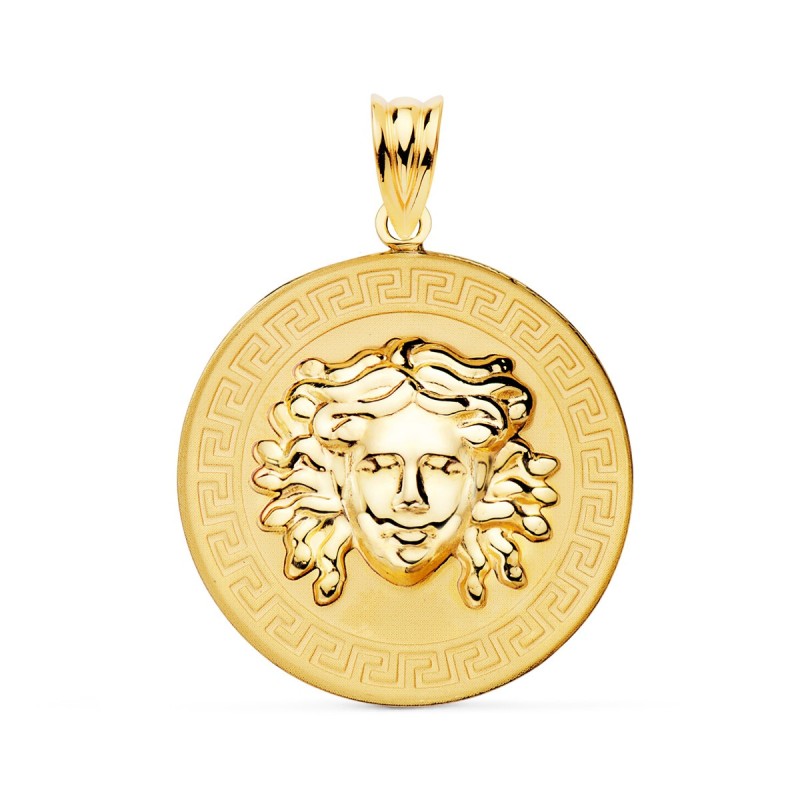 Medalla Oro Amarillo Medusa En Brillo Con Borde De Greca Matizada 25 Mm oro 18k