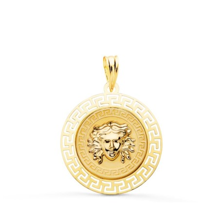 Medalla Oro Amarillo Medusa Con Borde Calada Y Greca Matizada 20 Mm oro 18k