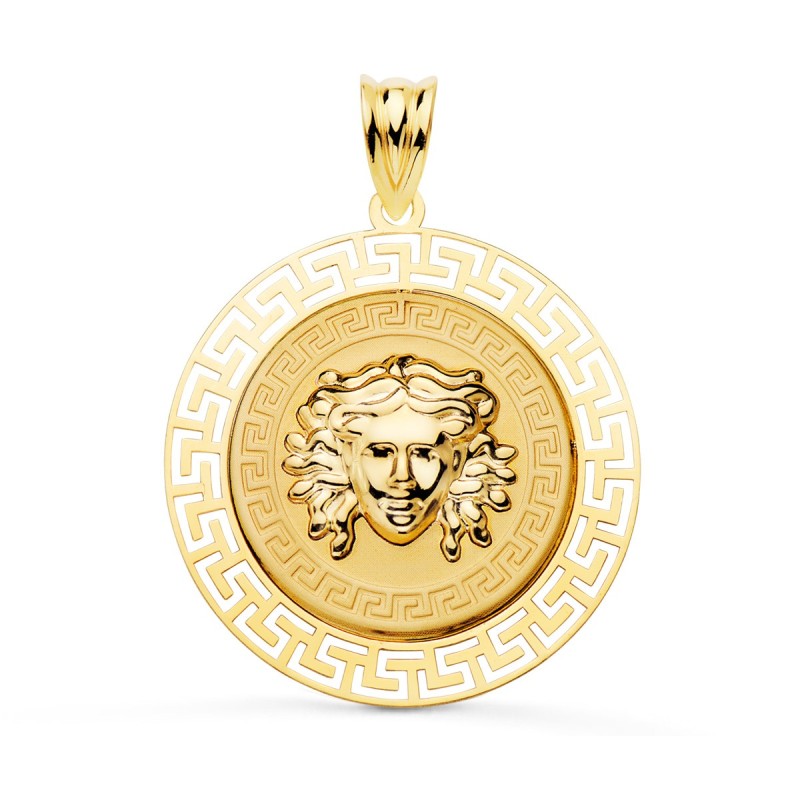 Medalla Oro Amarillo Medusa Con Borde Calada Y Greca Matizada 27 Mm oro 18k