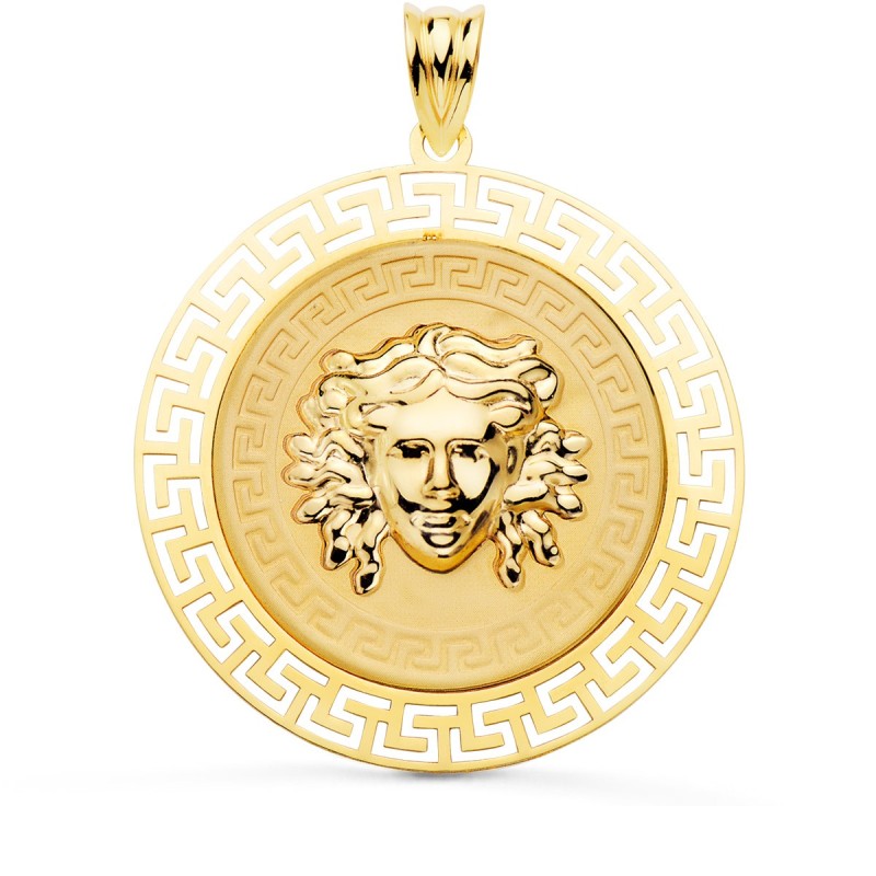 Medalla Oro Amarillo Medusa Con Borde Calada Y Greca Matizada 33 Mm oro 18k