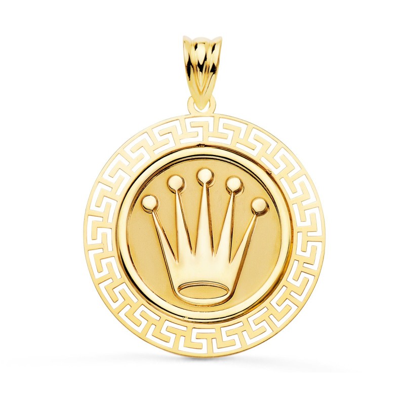 Medalla Oro Amarillo Corona Con Borde De Greca Calada. 27 Mm oro 18k