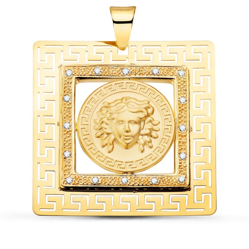 Colgante Oro Amarillo Cuadrado Medusa Y Grecas Con Circonita 37X37 Mm oro 18k