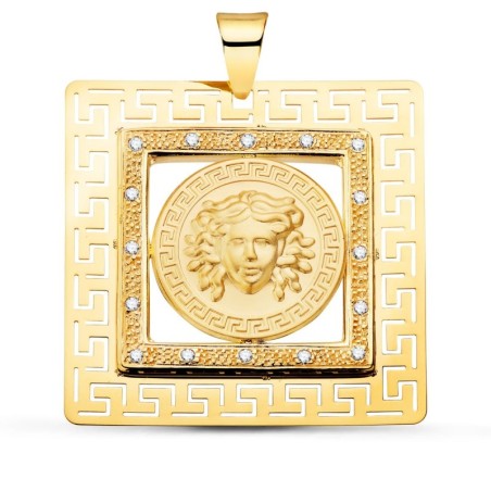 Colgante Oro Amarillo Cuadrado Medusa Y Grecas Con Circonita 37X37 Mm oro 18k