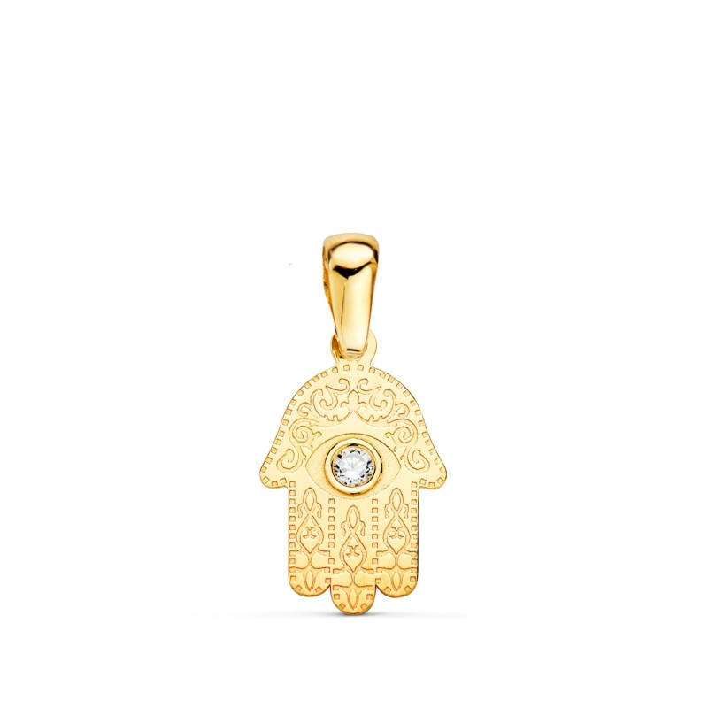 Colgante Oro Amarillo Mano De Fatima Tallada Circonita 13 X 8Mm oro 18k
