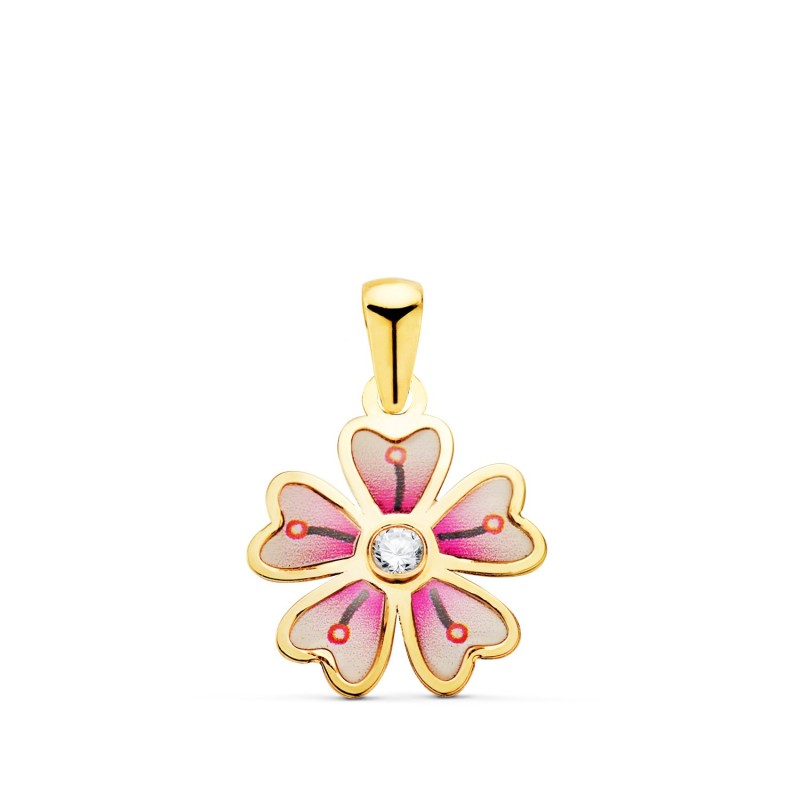 Colgante Oro Amarillo Flor 5 Petalos Con Esmalte Color Y Circonita. 13 X 11 Mm oro 18k