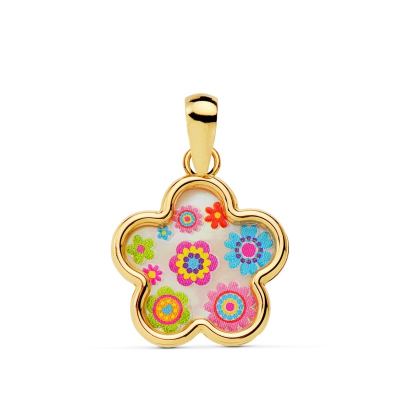 Colgante Oro Amarillo Flor Nacar Colores. 13X13 Mm oro 18k