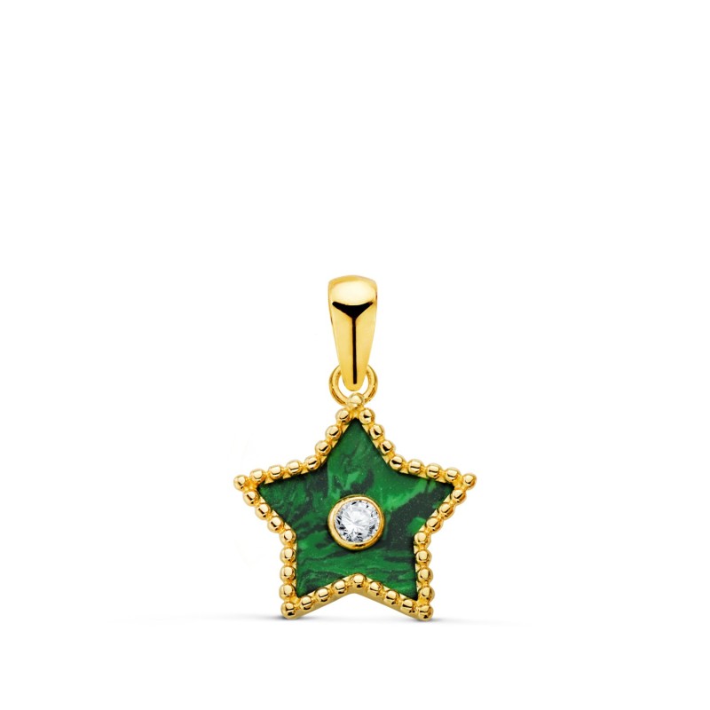 Colgante Oro Amarillo Estrella Cerco Bolitas Y Malaquita Con Circonita 12X11 Mm. oro 18k