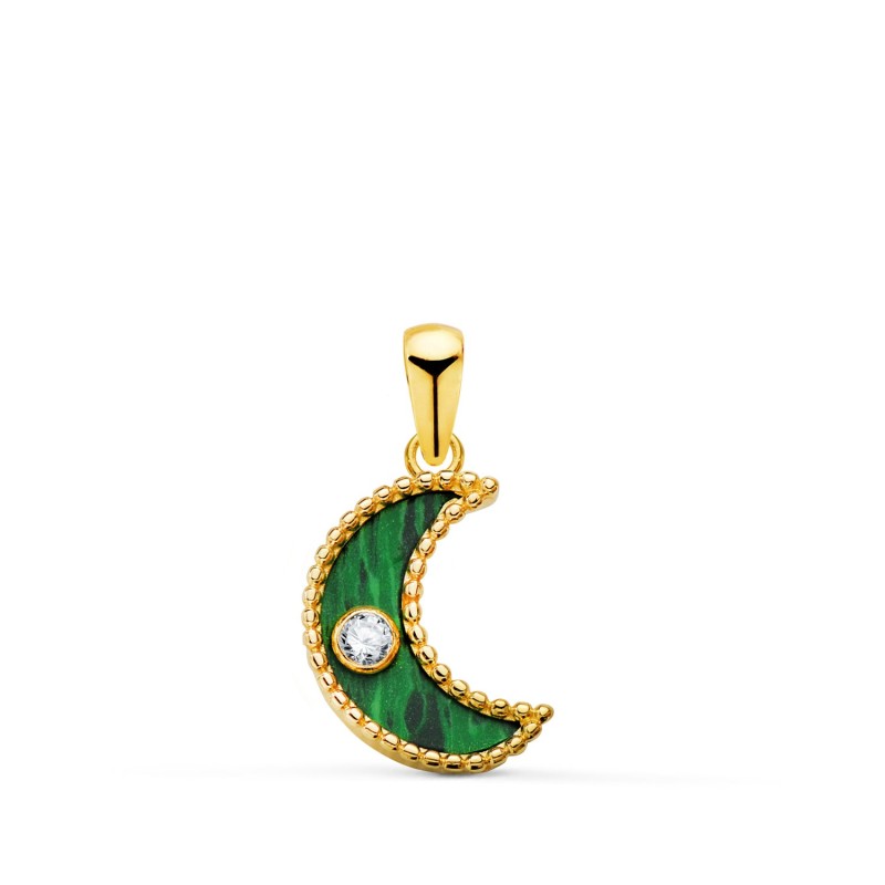Colgante Oro Amarillo Media Luna Cerco Bolitas Y Malaquita Con Circonita 12,5X9,5 Mm. oro 18k