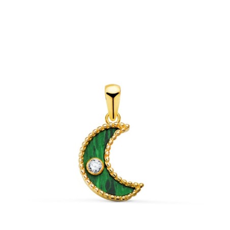 Colgante Oro Amarillo Media Luna Cerco Bolitas Y Malaquita Con Circonita 12,5X9,5 Mm. oro 18k