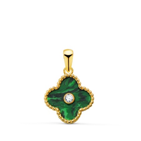 Colgante Oro Amarillo Trebol Cerco Bolitas Y Malaquita Con Circonita 12,5X12,5 Mm. oro 18k