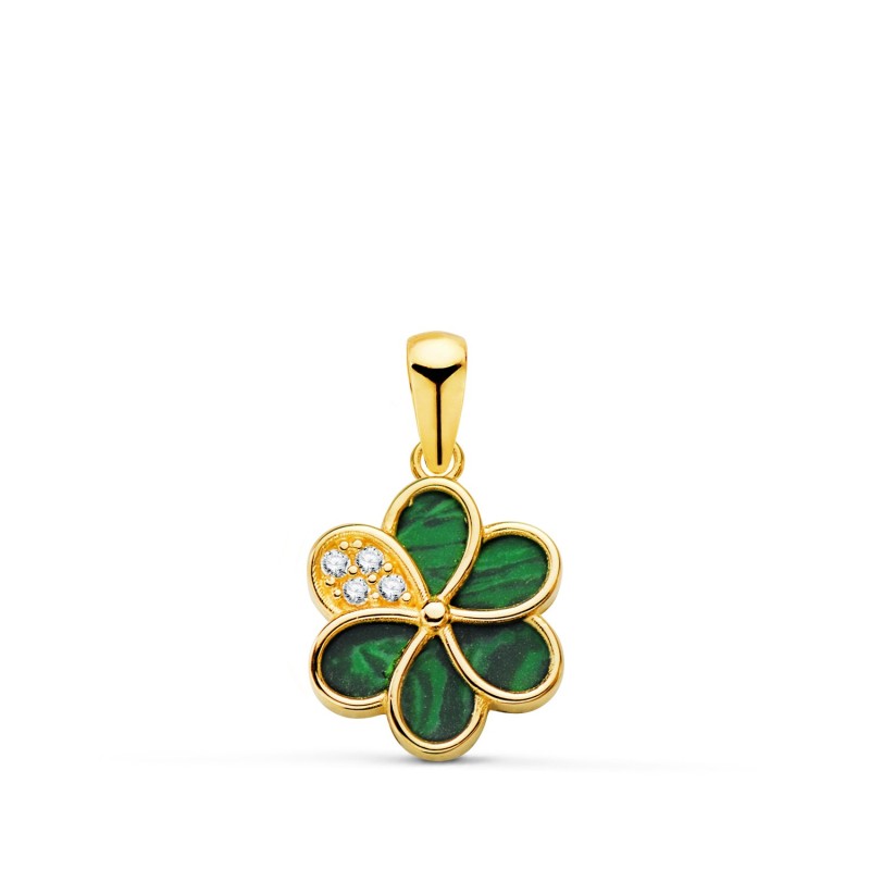 Colgante Oro Amarillo Flor Petalos Malaquita Y Circonita 10X10 Mm. oro 18k