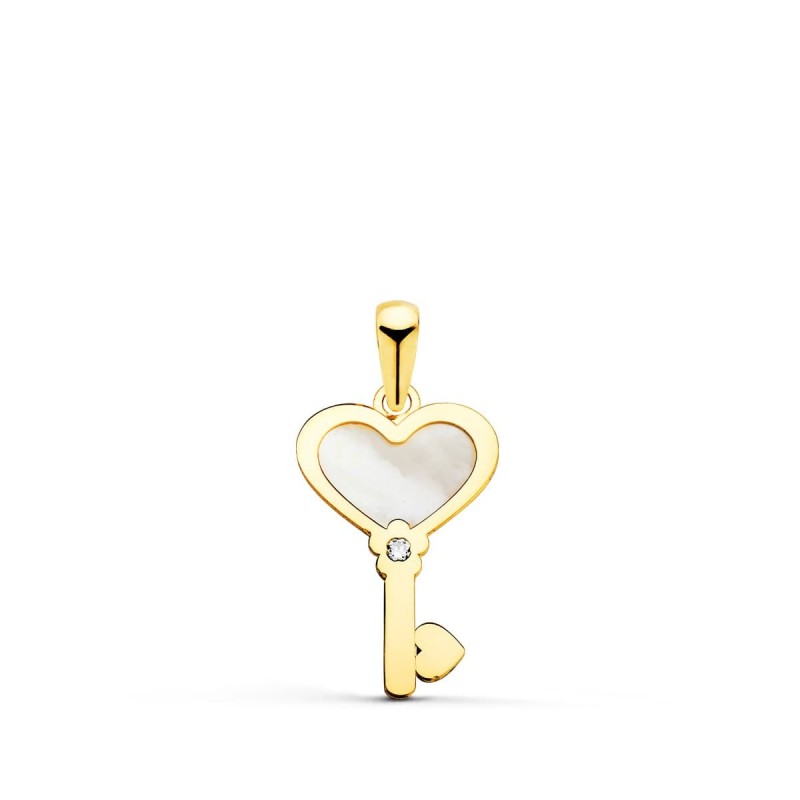 Colgante Oro Amarillo Llave De Nacar Con Corazon Y Circonita 18X11 Mm oro 18k