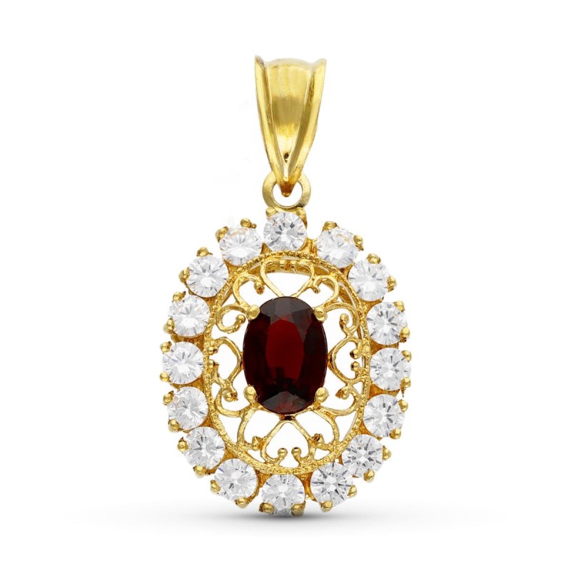 Colgante Oro Amarillo Filigrana Oval Granate Y Circonitas oro 18k