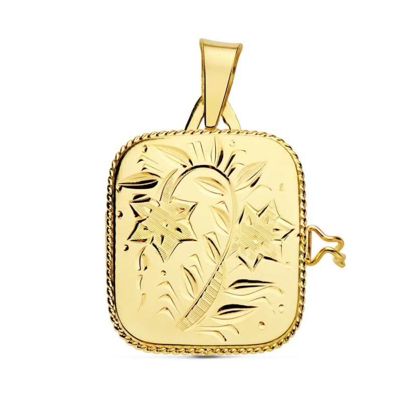 Guardapelo Dije Portafotos Oro Amarillo Cuadrado Labrado. 21X18 Mm oro 18k