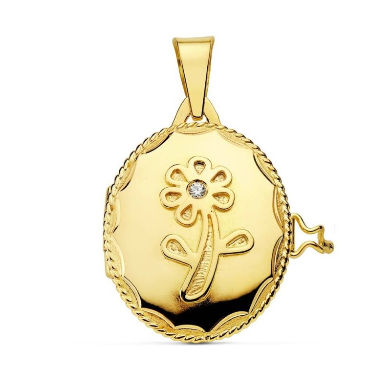 Colgante Guardapelo Dije Portafotos Oro Amarillo Flor Circonita 22X19 Mm oro 18k