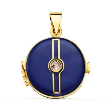 Colgante Oro Amarillo Guardapelo Dije Portafotos Redondo Esmalte Azul Circonita 4Mm. Medida: 21 Mm oro 18k
