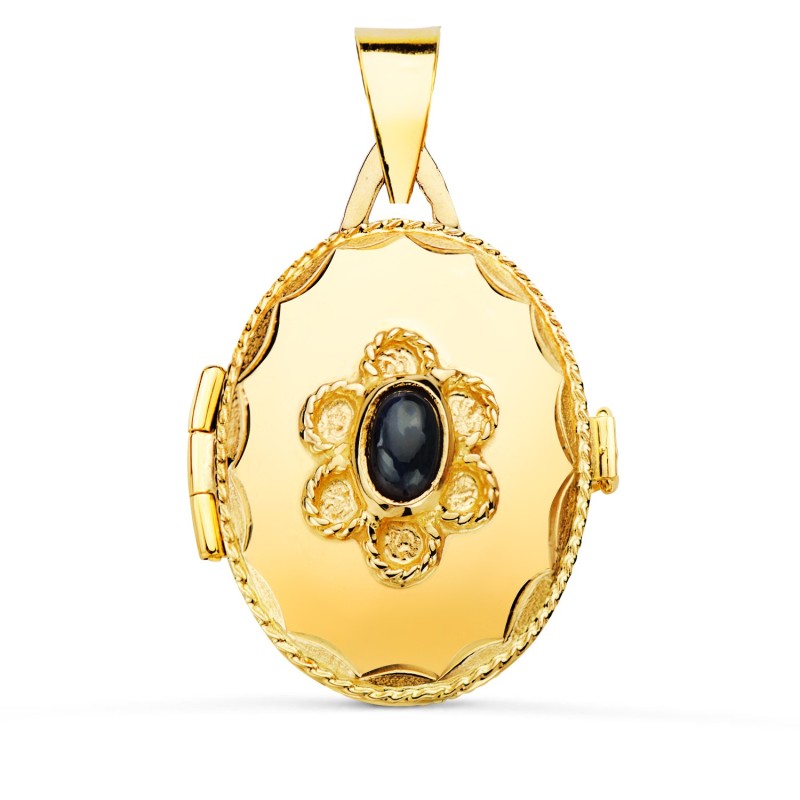 Guardapelo Dije Portafotos Oro Amarillo Oval Con Piedra Azul Y Borde Hilo Reliado. 23 X 18 Mm oro 18k
