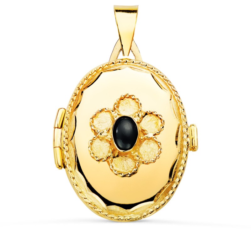Guardapelo Dije Portafotos Oro Amarillo Oval Con Piedra Azul Y Borde Hilo Reliado. 26X21 Mm oro 18k