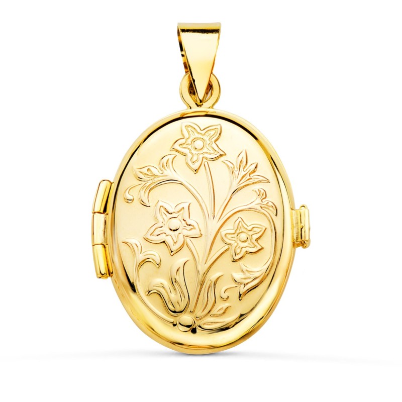 Guardapelo Dije Portafotos Oval Oro Amarillo Labrado. 26X21 Mm oro 18k