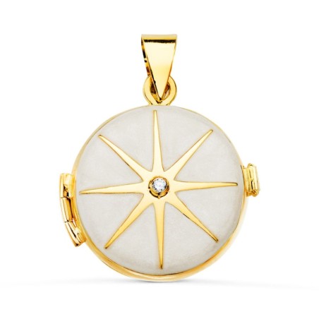 Guardapelo Dije Portafotos Redondo Oro Amarillo Esmalte Blanco Diamante 0.035 Qtes. 21 Mm oro 18k