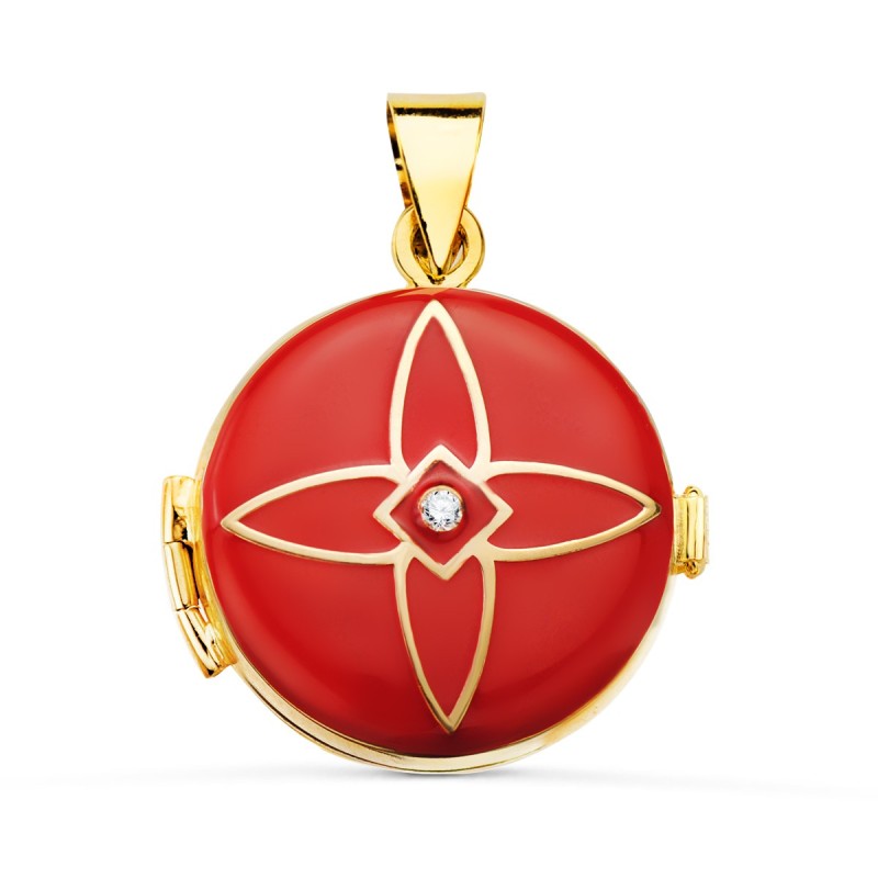Portafotos Colgante Oro Amarillo Guardapelo Dije Redondo Esmalte Rojo Diamante 0.035 Qtes. 21 Mm oro 18k