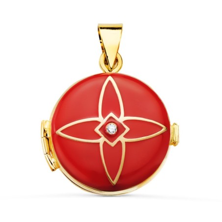 Portafotos Colgante Oro Amarillo Guardapelo Dije Redondo Esmalte Rojo Diamante 0.035 Qtes. 21 Mm oro 18k