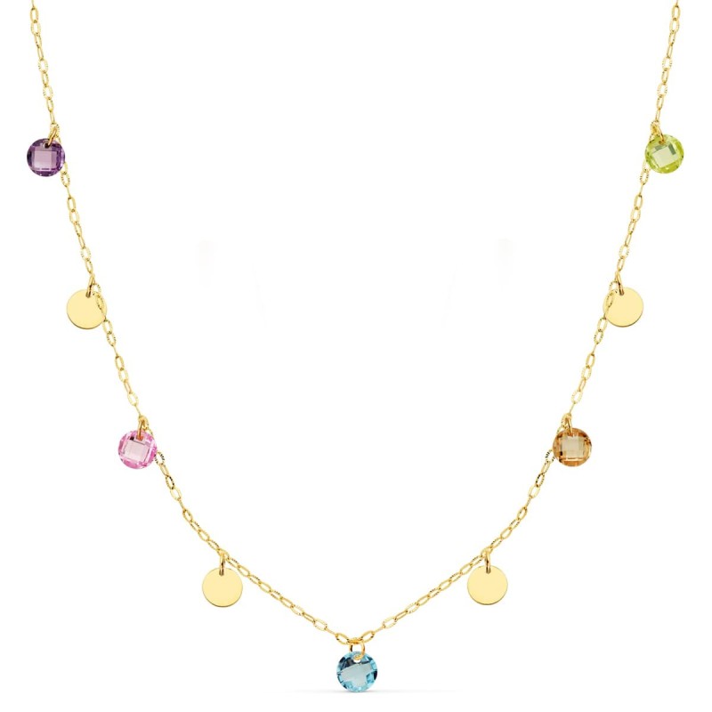 Gargantilla Oro Amarillo Placa Chapas 5 Mm Y Piedras 5 Mm Cadena Forzada 45Cm oro 18k