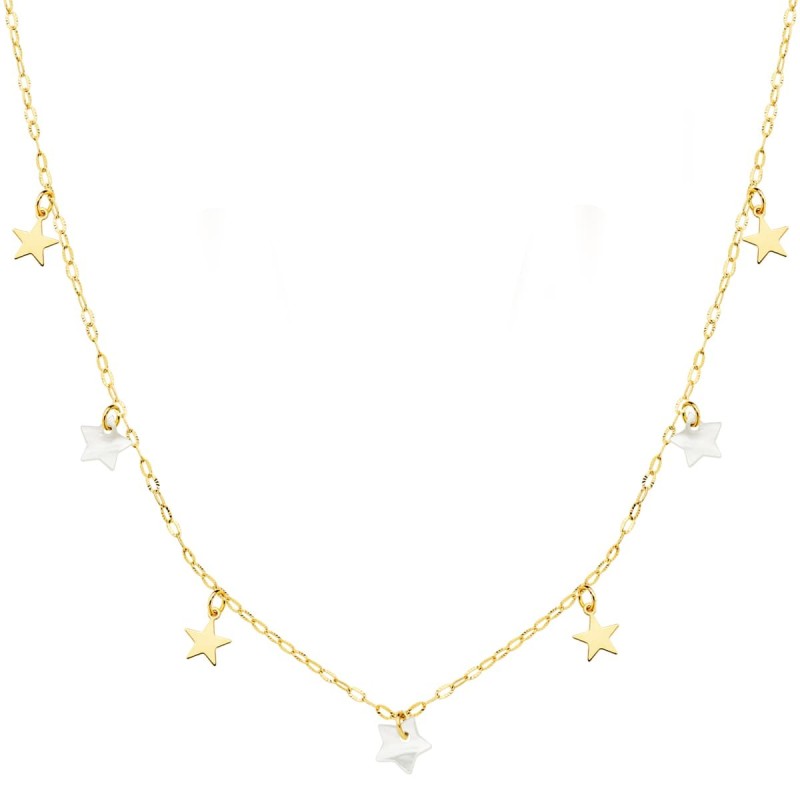 Gargantilla Oro Amarillo Estrellas Lisas Y Nacar 5.5 Mm Cadena Forzada 45Cm oro 18k
