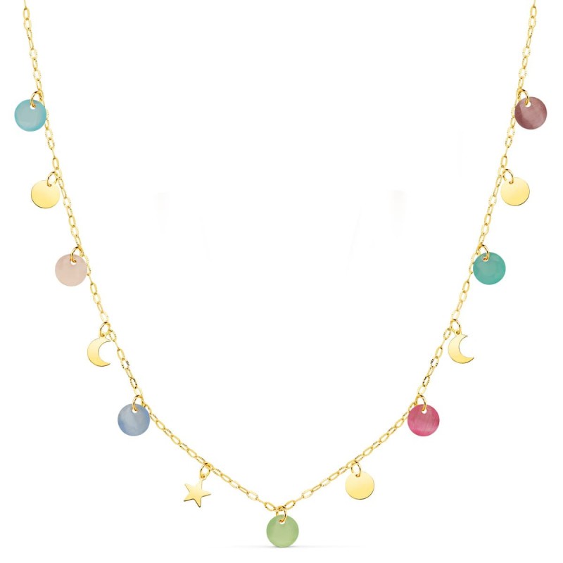 Gargantilla Amarillo Placa Chapas Formas 5 Mm Y Piedras 5 Mm Cadena Forzada 45Cm oro 18k