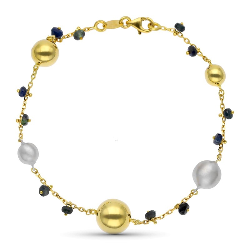 Pulsera Oro Bicolor Mate Y Brillo Bolas Y Piedras oro 18k