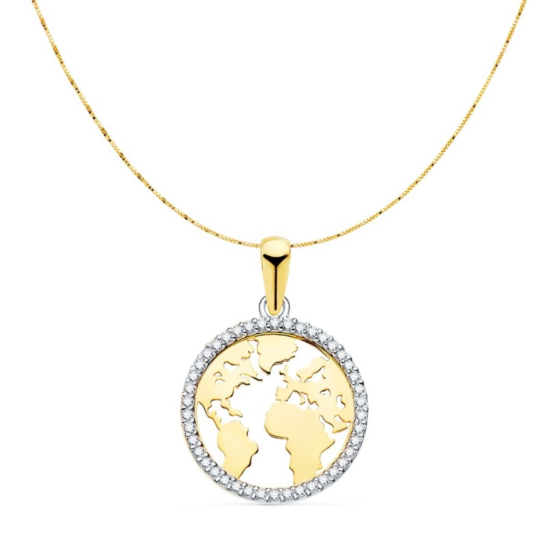Gargantilla Oro Bicolor Bola Mundo Con Circonita 16 Mm Cad. Veneciana 42+3 Cm oro 18k