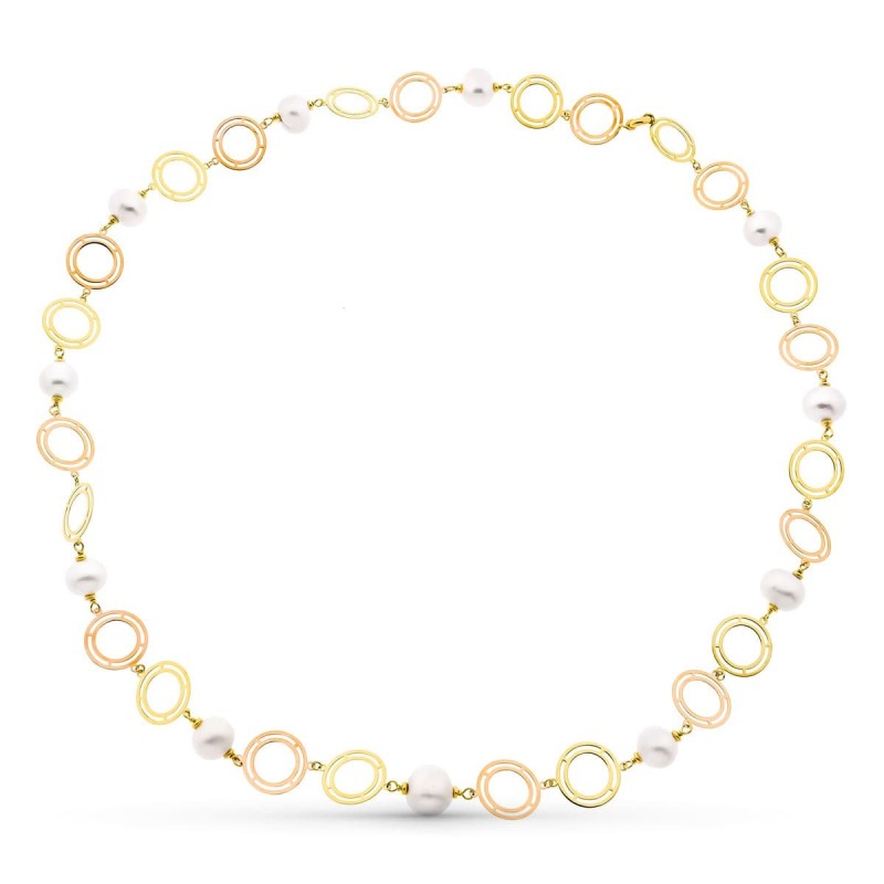 Gargantilla Oro Bicolor Amarillo Y Rosa Perla Cultivadas 14 Mm Largo 85 Cm oro 18k