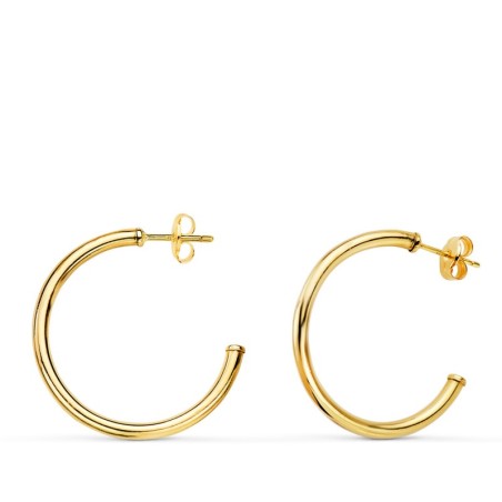 Aros Oro Amarillo Abiertos Tubo Redondo 25 X 2Mm. Cierre Presion oro 18k