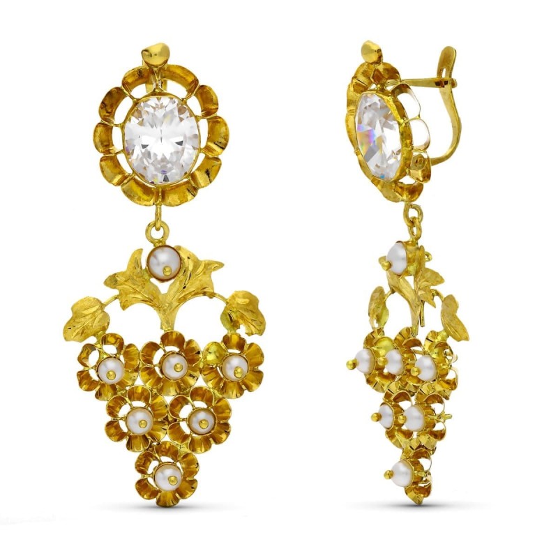 Pendientes Oro Amarillo Mantilla Circonita Y Perla Total 50X22 Mm Catalan oro 18k