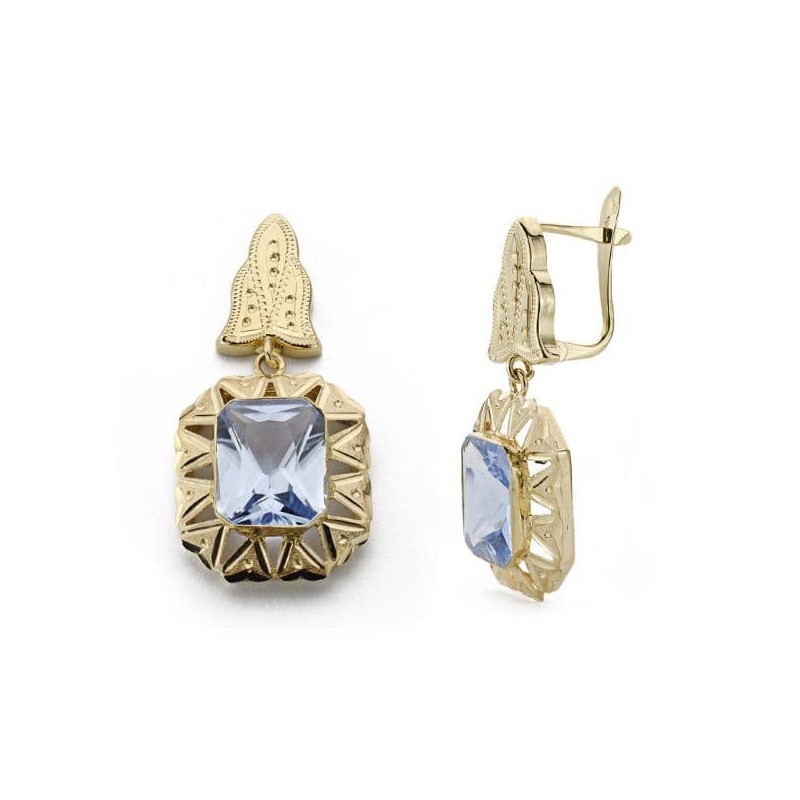 Pendientes Cubanas 2 Cuerpos Oro Amarillo Piedra Rectangular Cierre Catalan oro 18k