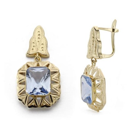 Pendientes Cubanas 2 Cuerpos Oro Amarillo Piedra Rectangular Cierre Catalan oro 18k
