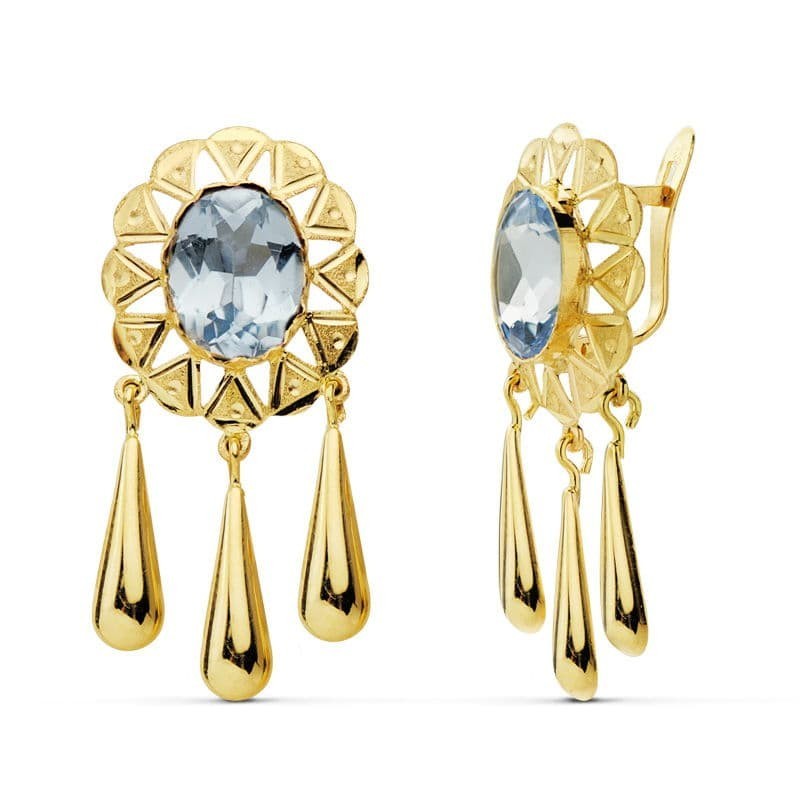 Pendientes Oro Amarillo Cubanas Piedra Oval 10X8 Mm Lagrimas Cierre Catalán oro 18k