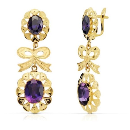 Pendientes Oro Amarillo Cubana Lazo Amatista 43X15 Mm Cierre Catalan oro 18k