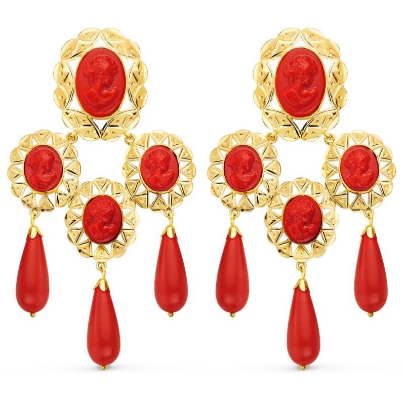 Pendientes Oro Amarillo Mantilla Camafeo Y Coral 70X38 Mm Catalan oro 18k