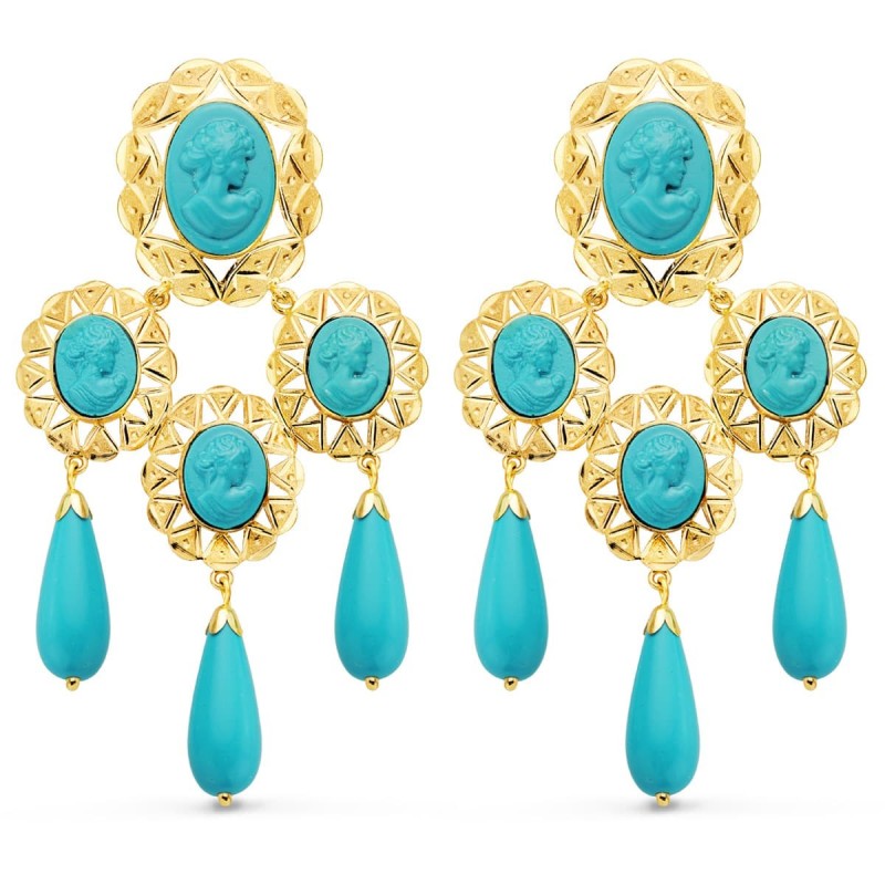 Pendientes Oro Amarillo Mantilla Camafeo Y Turquesas. 70X38 Mm Catalan oro 18k