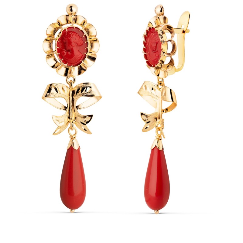 Pendientes Oro Amarillo Coralina Camafeo Y Lagrima Con Lazo. 53X14 Mm. Cierre Catalan oro 18k