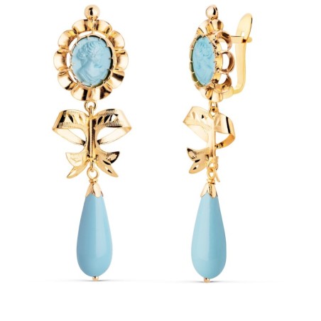 Pendientes Oro Amarillo Turquesa Camafeo Y Lagrima Con Lazo. 53X14 Mm. Cierre Catalan oro 18k