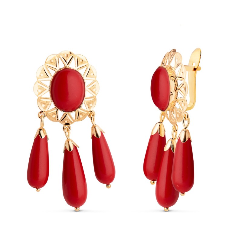 Pendientes Oro Amarillo Tallados Con Coral Oval Y 3 Lagrimas. 37X15 Mm.Cierre Catalan oro 18k