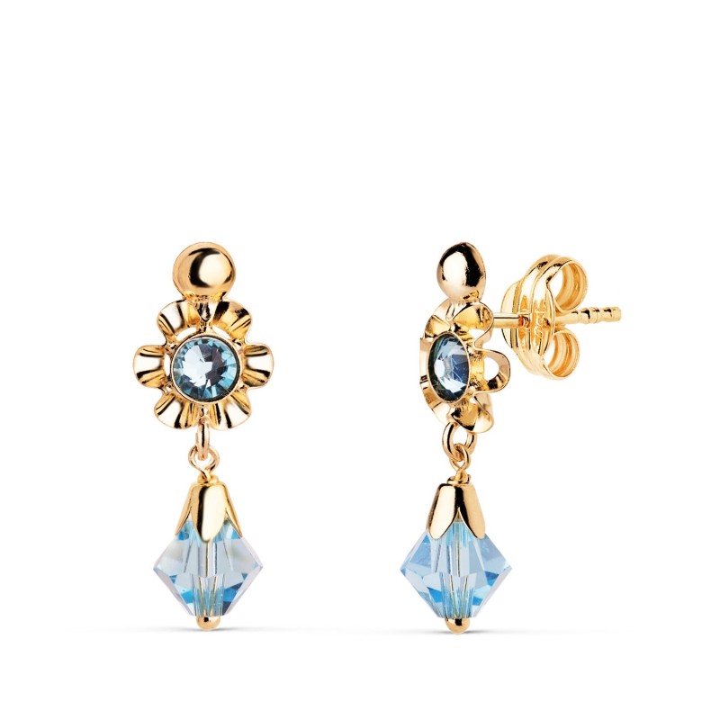 Pendientes Oro Amarillo Cubanas Con Circonitas Azules. Medida: 18 X 6,5 Mm. Cierre Presion oro 18k