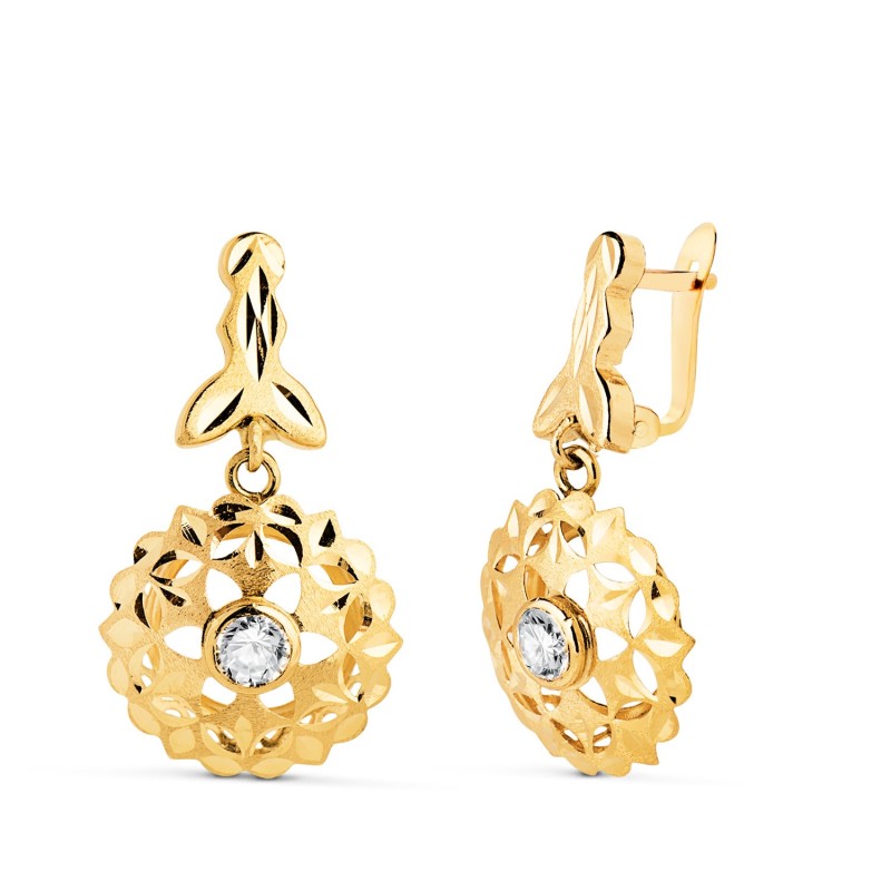 Pendientes Oro Amarillo Cubanas Talladas Con Circonita 26 X 14Mm. Cierre Catalan oro 18k