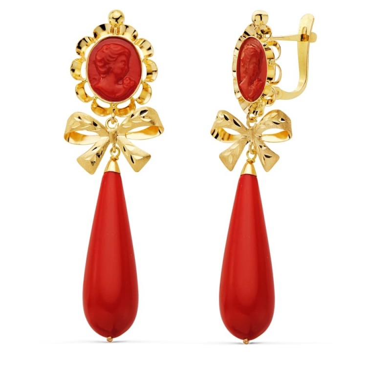 Pendientes Oro Amarillo Camafeo Lazo Coralina 62X18 Mm Cierre Catalan oro 18k