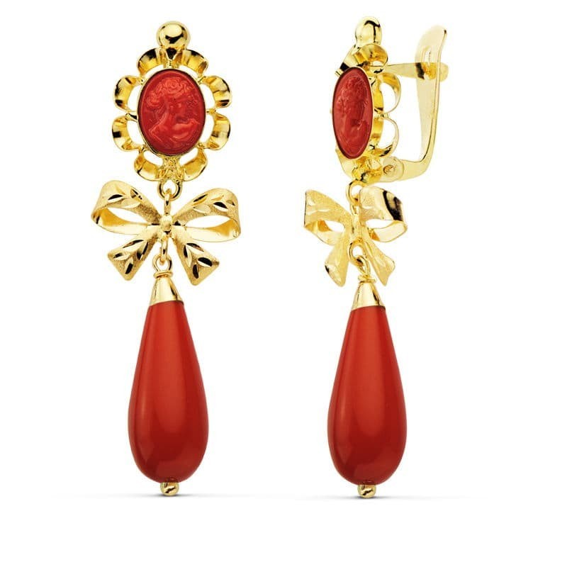 Pendientes Oro Amarillo Coralina Camafeo 42X13 Mm Cierre Catalán oro 18k
