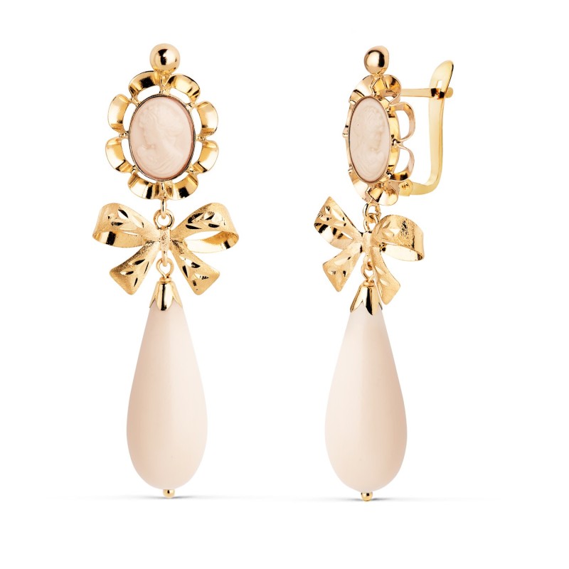 Pendientes Oro Amarillo Marfil Camafeo 42X13 Mm. Cierre Catalan oro 18k